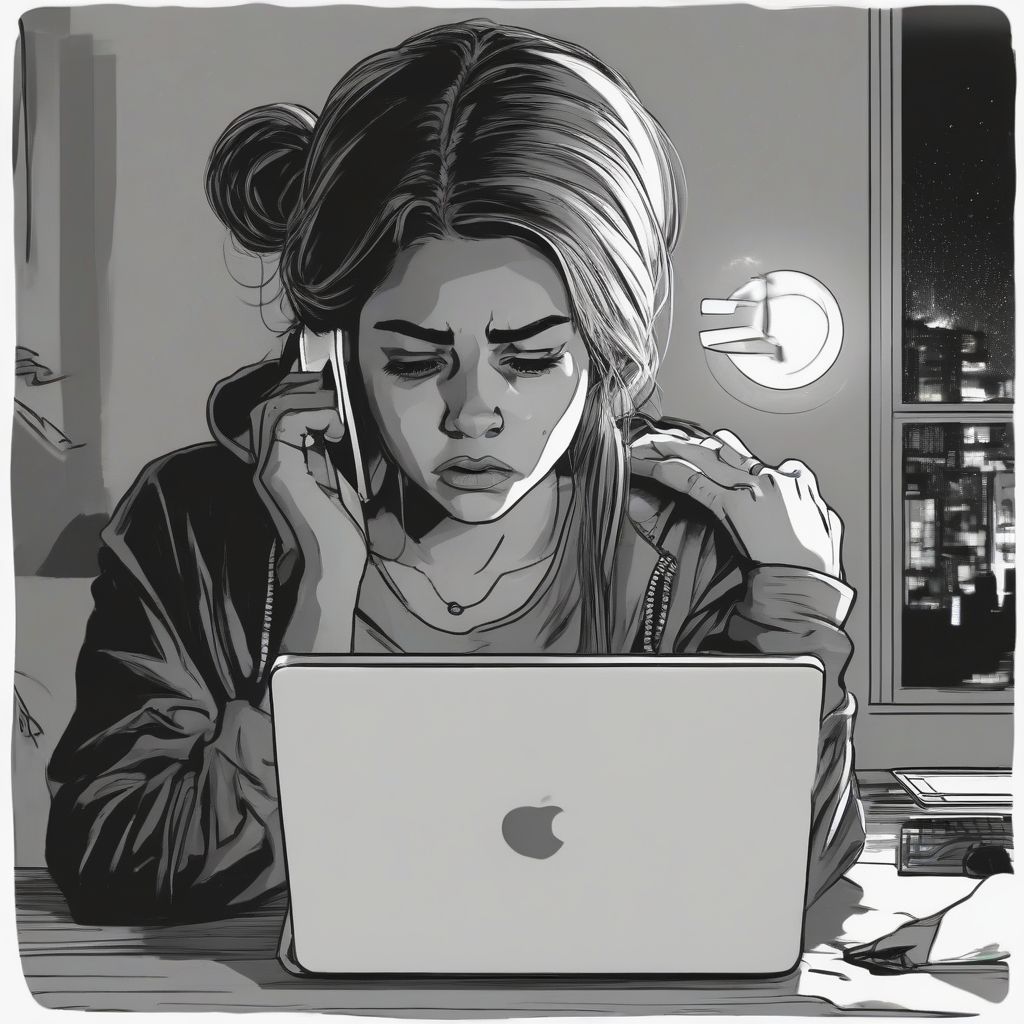 Woman looking distressed while on her laptop, with a phone in her hand